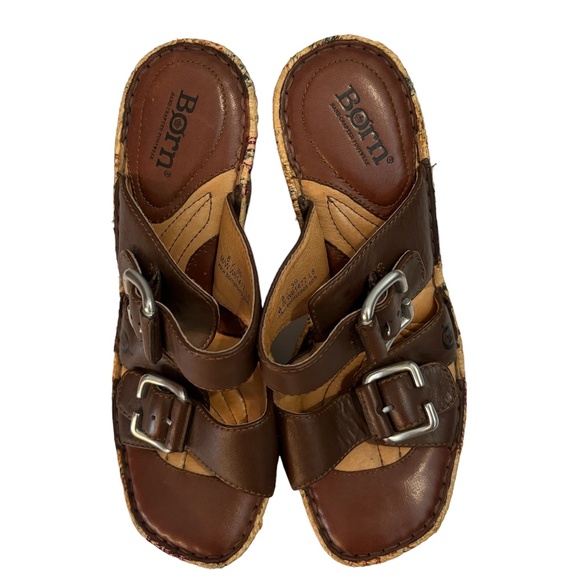 Born Floral Wedge Slide Sandals in Brown Leather Size 8 (39) - Picture 3 of 9